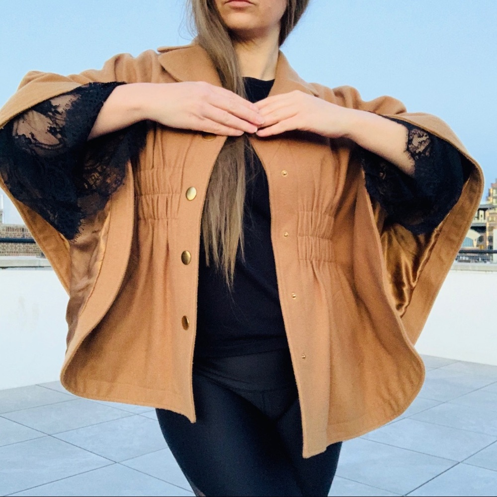 Aqua Camel Wool Bat Wing Ruffled Pea Coat Poncho - Picture 9 of 16